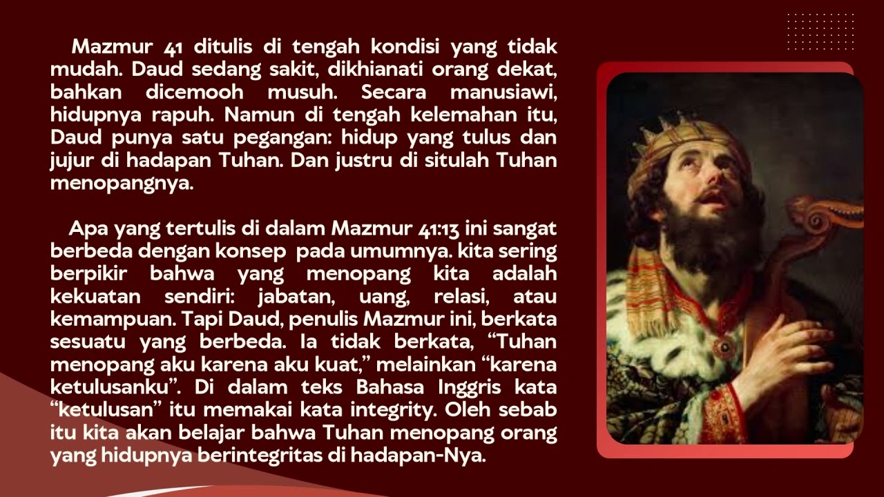 TUHAN MENOPANG ORANG YANG HIDUP DALAM INTEGRITAS