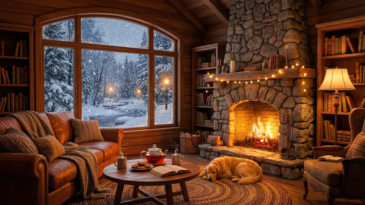 Cozy Winter Cottage Ambience ❄️ Slow Jazz with Fireplace Sounds & Gentle Snowfall to Sleep, Relax