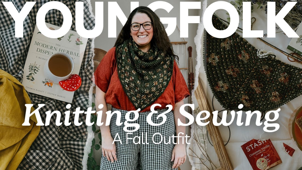 YoungFolk Knits: Вязание и шитьё осеннего наряда | Шаль с прессованными цветами и брюки с помпоном
