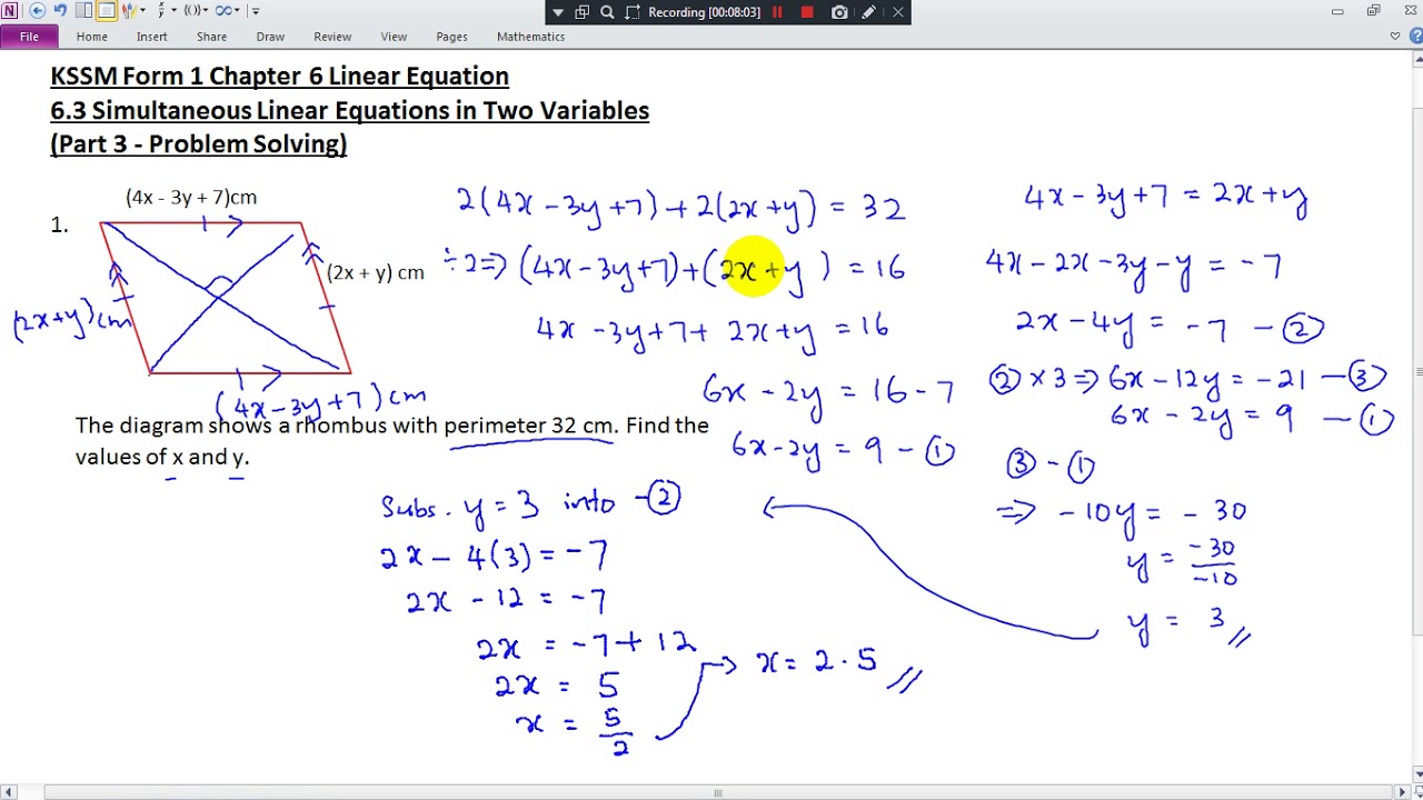 KSSM Form 1 Simultaneous Linear Equations (Part 3-Problem solving)