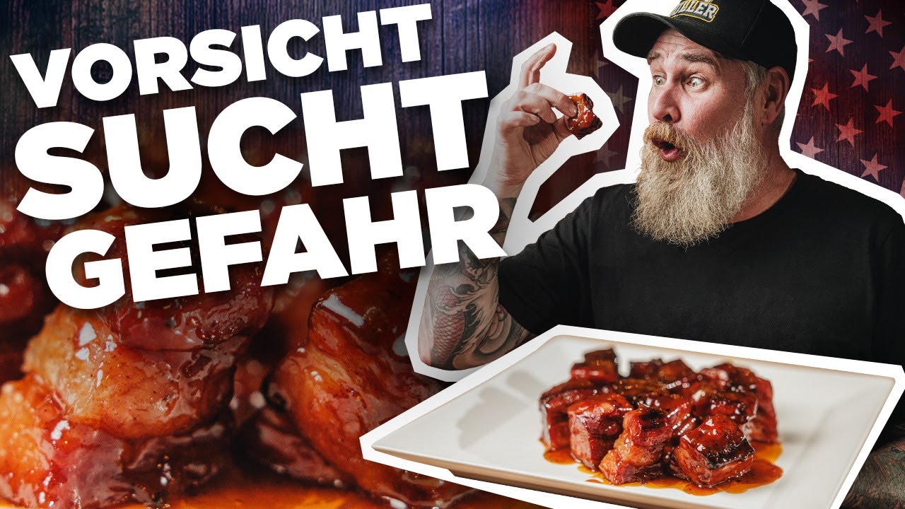 Peach Glazed Pork Belly Burnt Ends vom Smoker - einfach und lecker