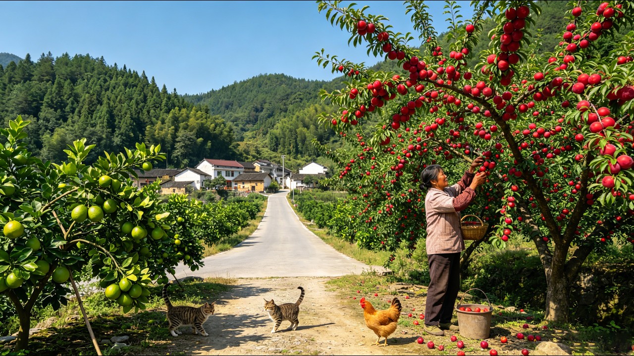 Peaceful walk in a hidden Chinese village. Ripe red plums and lovely farm animals all around 4K HDR