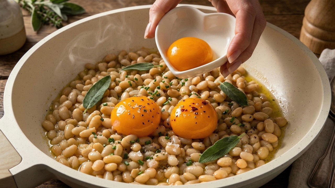 Быстрый рецепт яичницы с фасолью на сковороде | Лучше, чем пицца, и готовится за считанные минуты!