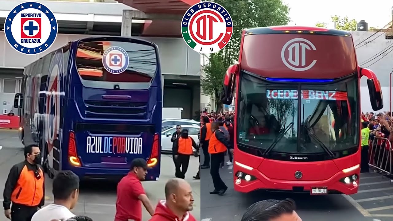 Autobuses de Toluca y Cruz Azul llegando al Estadio Nemesio Díez