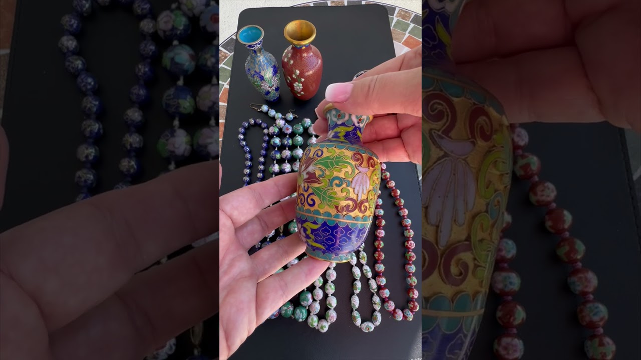 #shorts 5.09.2025 Vintage Chinese Cloisonn&eacute; Bead Necklace,, earrings.  Cloisonn&eacute; Enamel Vases