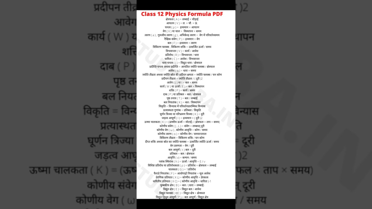 class 12th physics all formulas in Hindi medium # one shot