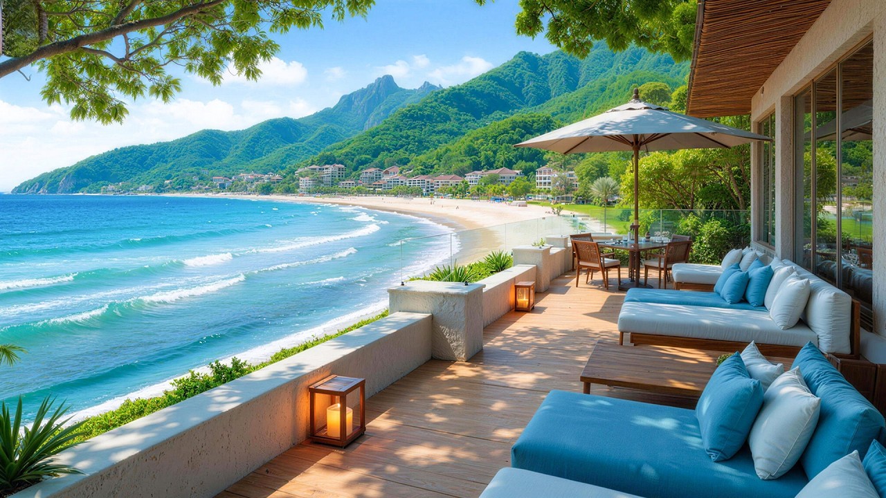 Seaside Morning Coffee Shop Ambience 🌅 Soft Piano Music & Ocean Waves for Deep Focus