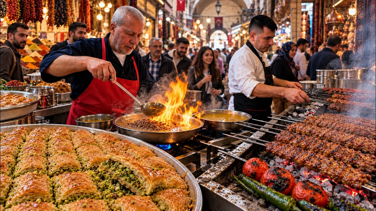TURKISH STREET FOOD TOUR 🇹🇷 Gaziantep's Flaming Beyran, Juicy Kebabs & Baklava | 4K