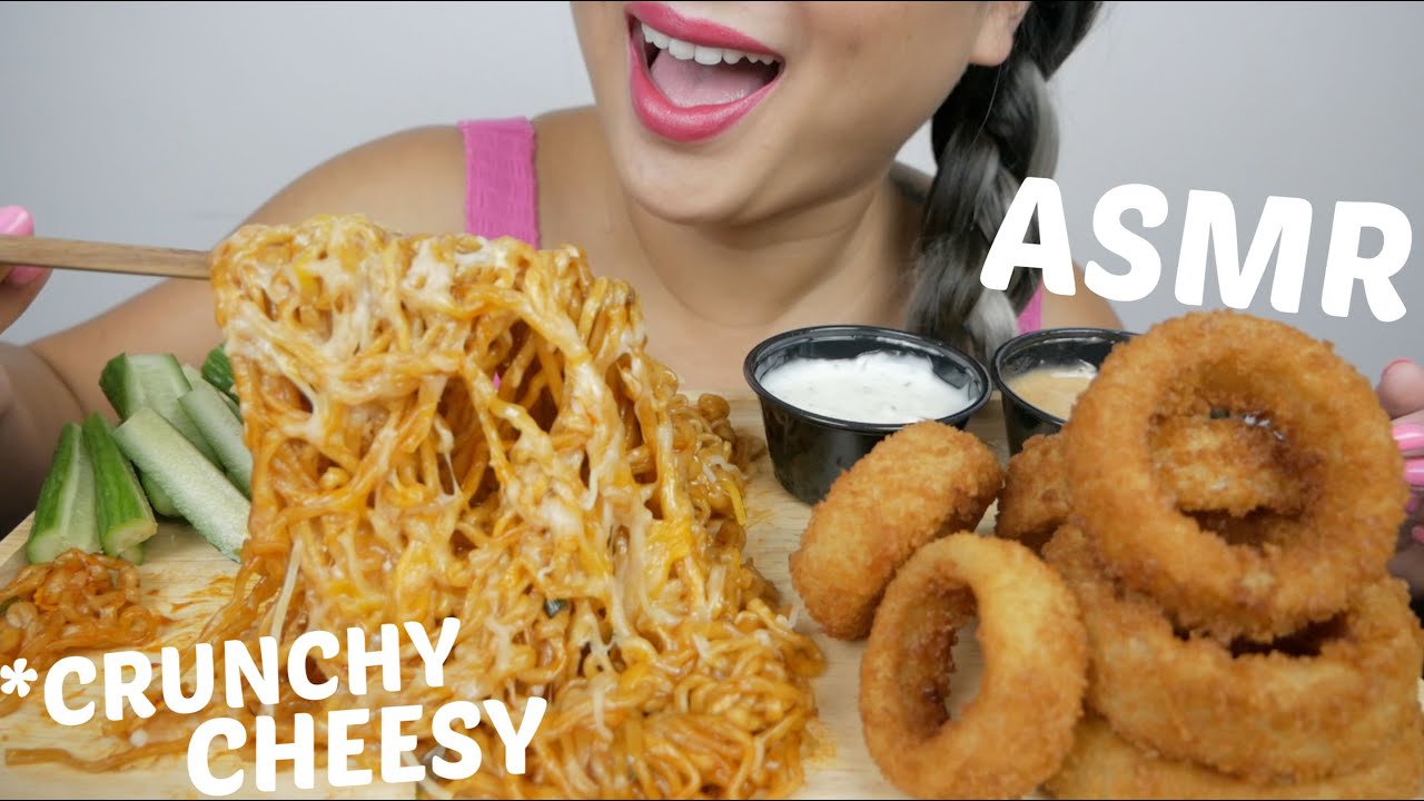 DEEP FRIED ONION RINGS With Cheesy Fire Noodles ASMR *NO TALKING Eating Sounds| N.E Let's Eat