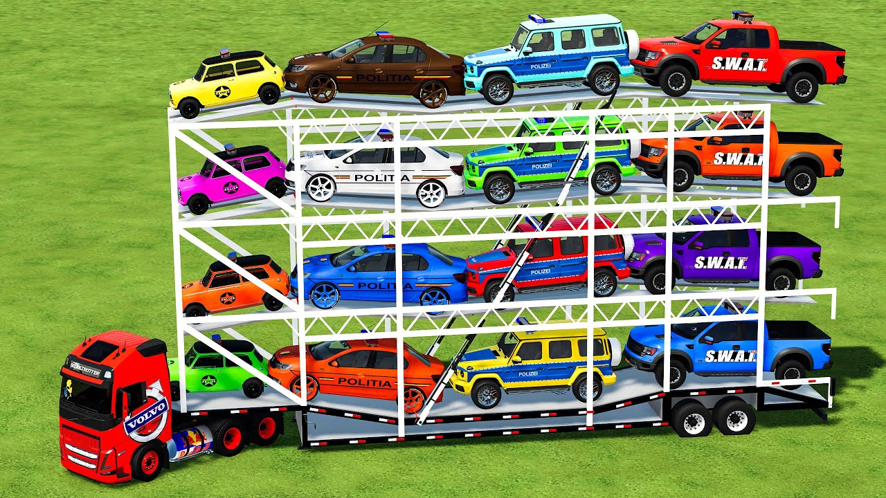 BIG TRANSPORT SWAT RAPTOR, MERCEDES, LOGAN & MINI COOPER w. VOLVO TRUCKS! Farming Simulator 22