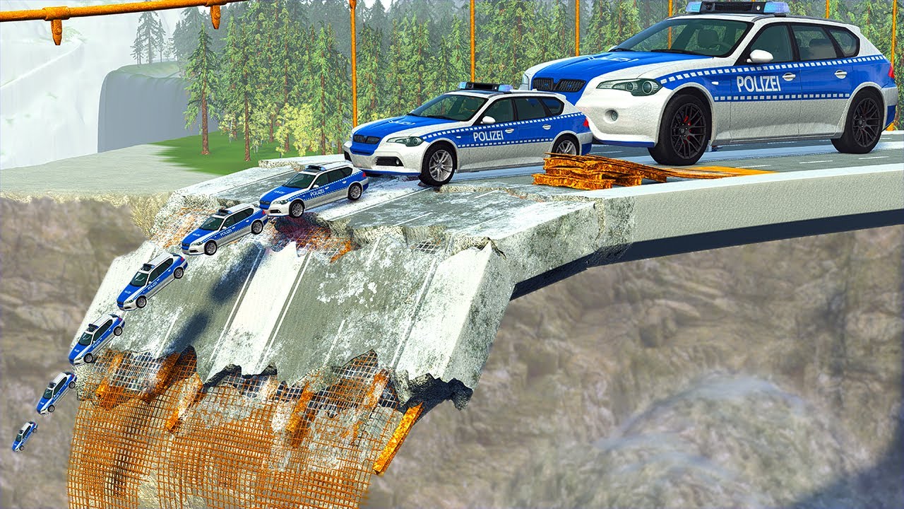 Big & Small Police Cars vs Broken Bridge - BeamNG.drive