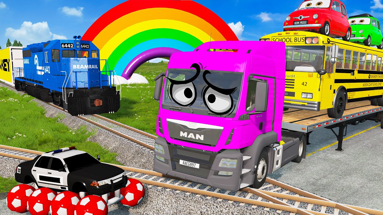 Flatbed Trailer Truck Rescue Bus - Cars vs Deep Water - Cars vs Rails and Trains - BeamNG Drive