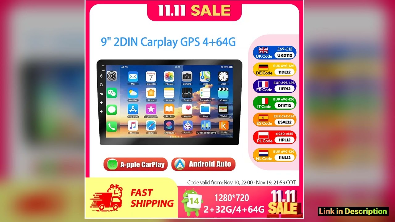 ESSGOO 9Inch 2 DIN Car Stereo Radio Wirless Carplay Android Auto Car Stereo Bluetooth 64G GPS