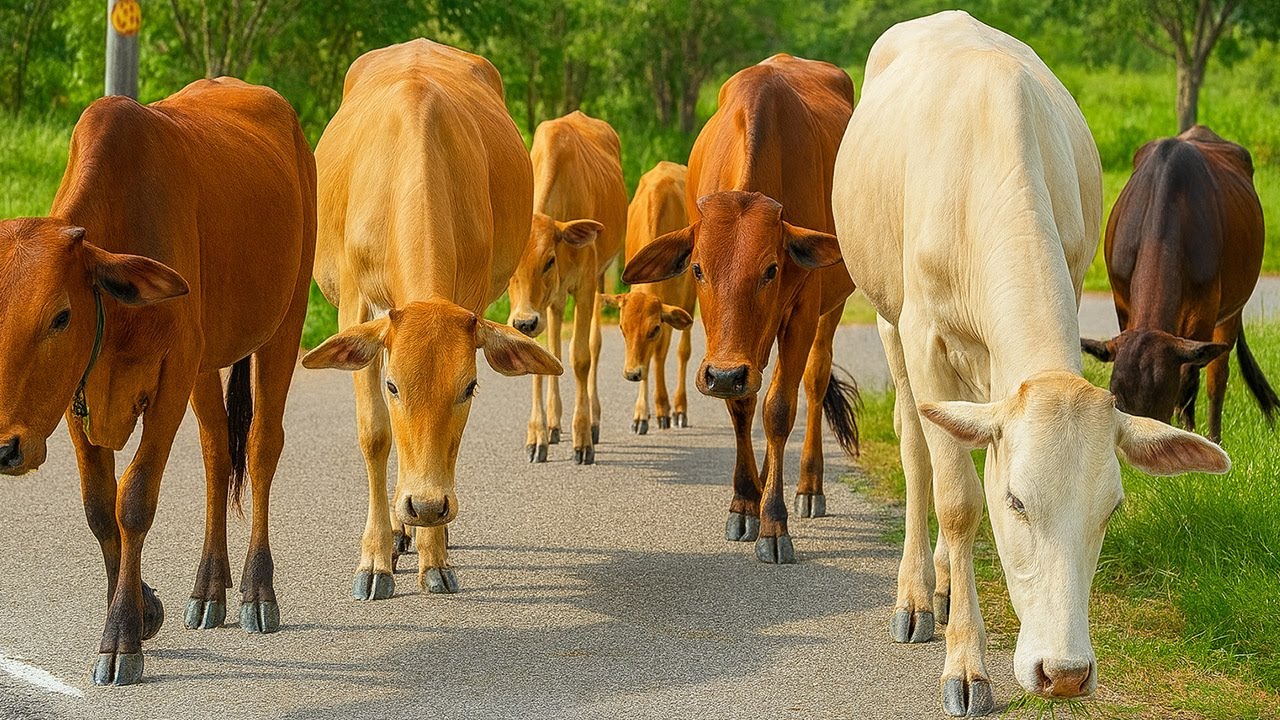 Video kawanan lembu sapi kampung jinak berjalan pulang menyusuri jalan hutan menuju kendang