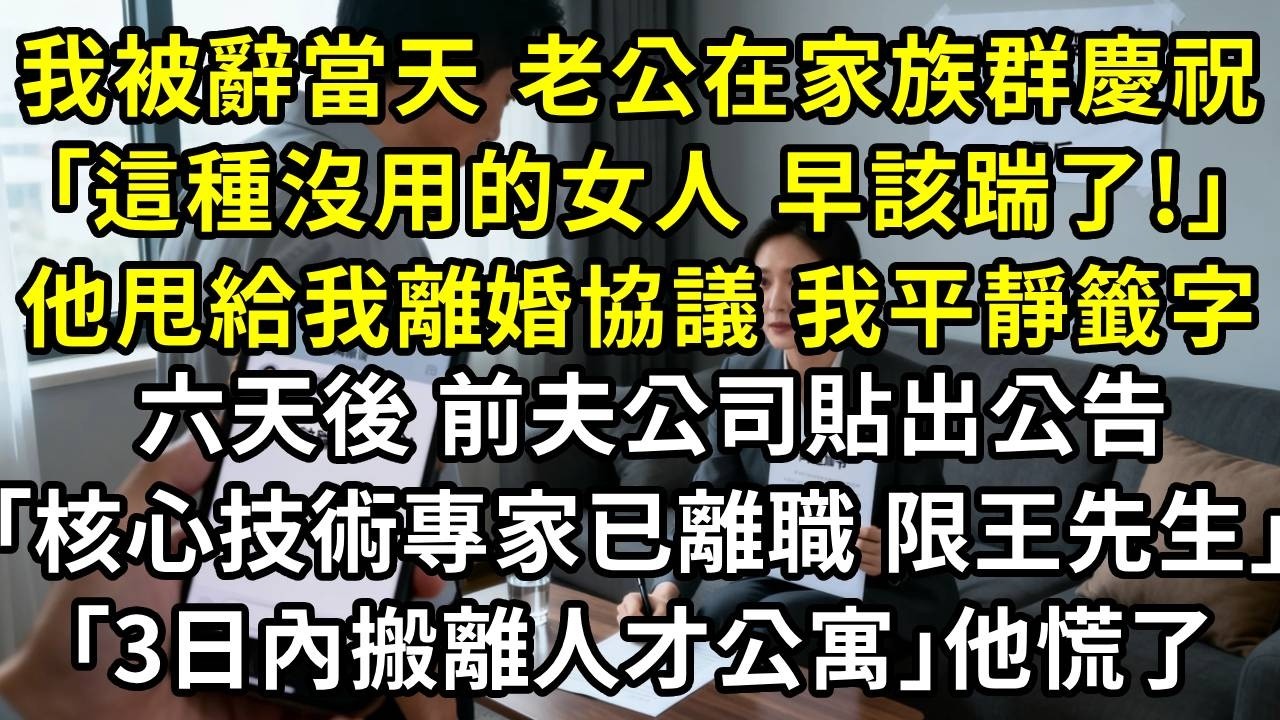 我被辭退當天，老公在家族群慶祝：｢這種沒用的女人，早該踹了!｣，他甩給我離婚協議，我平靜籤字。六天後，前夫公司貼出公告：｢核心技術專家已離職，限王先生3日內搬離人才公寓｣他慌了#高田小說社