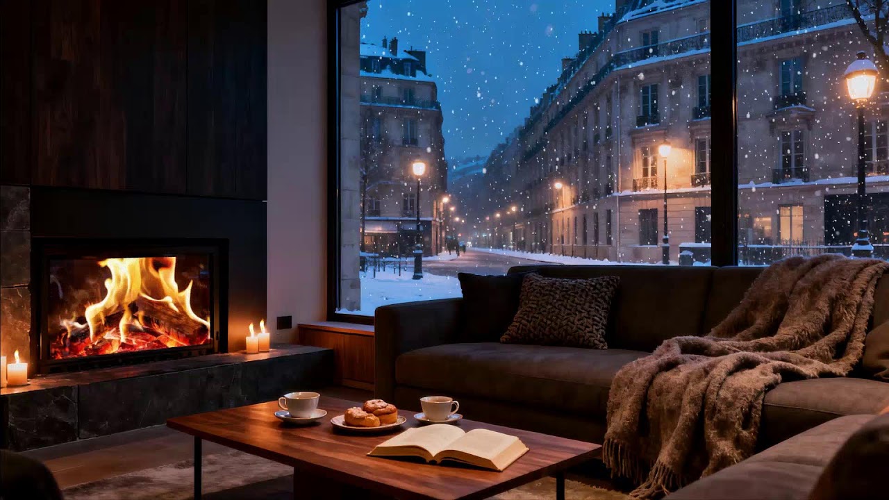You’d Stay Here All Night Cozy Fireplace & Snowfall