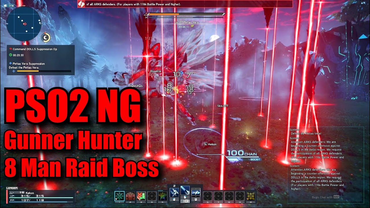PSO2 New Genesis - Gunner Hunter 8 Man Raid Boss Gameplay (Urgent Quest)