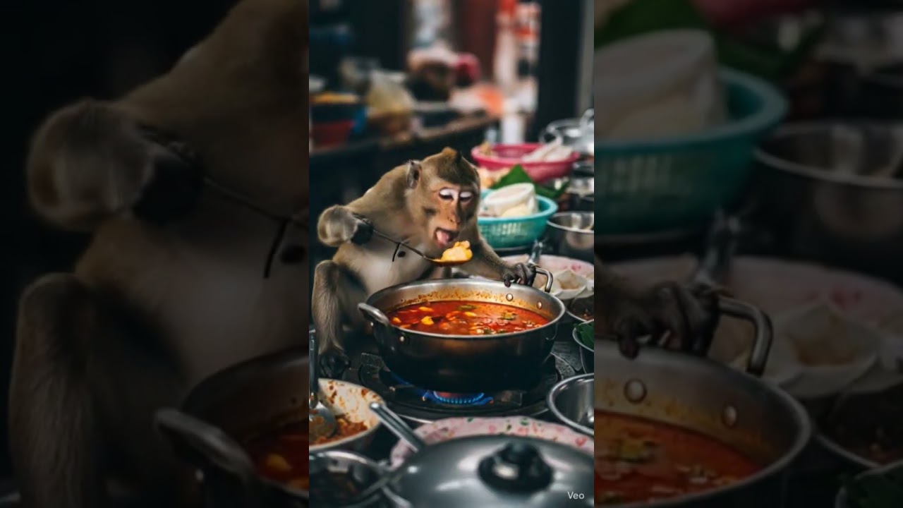a monkey cooking food in the kitchen 