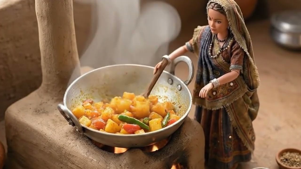 Traditional Indian Village Life Cooking Potato Curry & Chapati in a Miniature World
