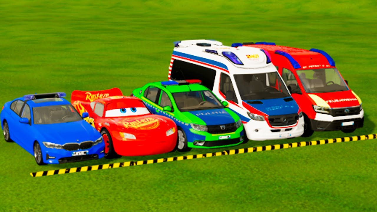 DACIA, MCQUEEN CAR, FORD POLICE CARS, AMBULANCE EMERGENCY TRANSPORTING WITH TRUCKS ! FS22 #3