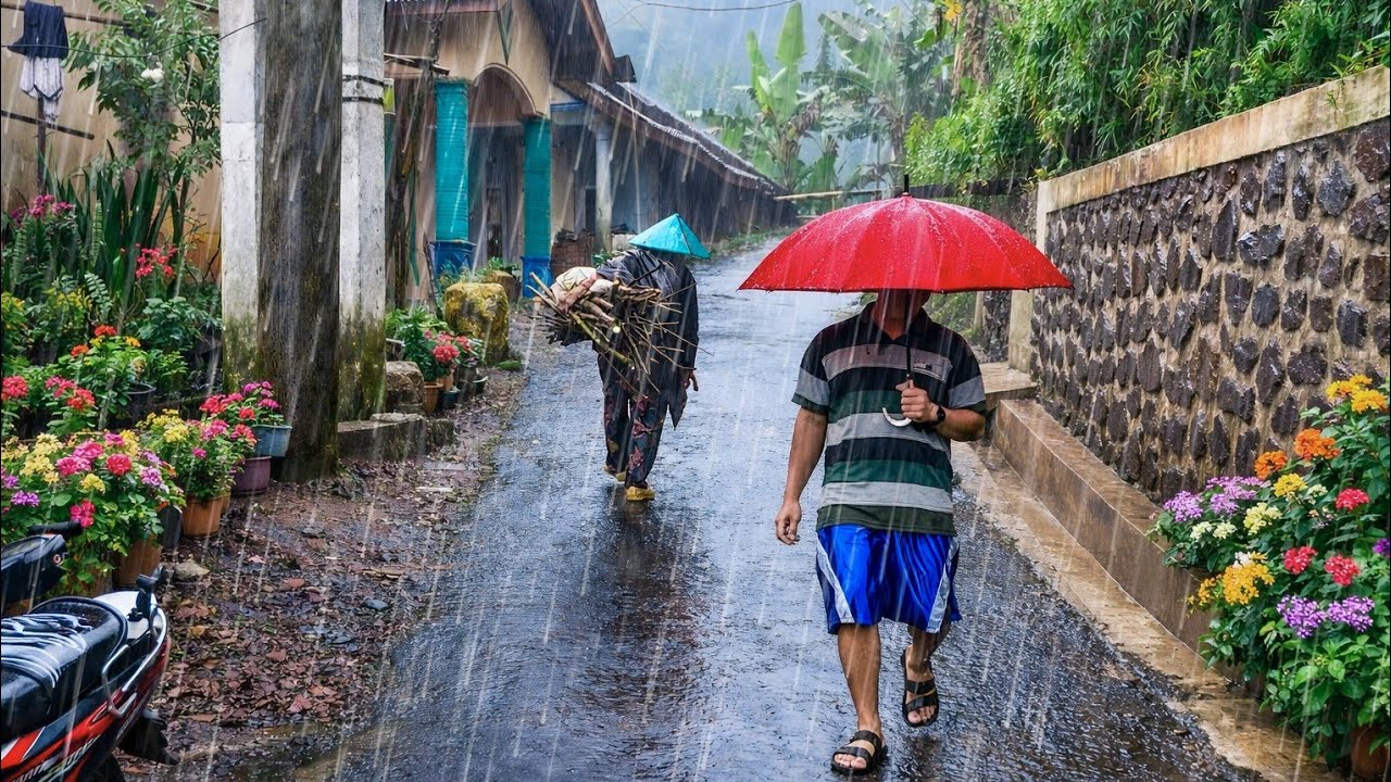 Walking in the midst of super heavy rain that hit a small village | Rain Sounds For Sleeping