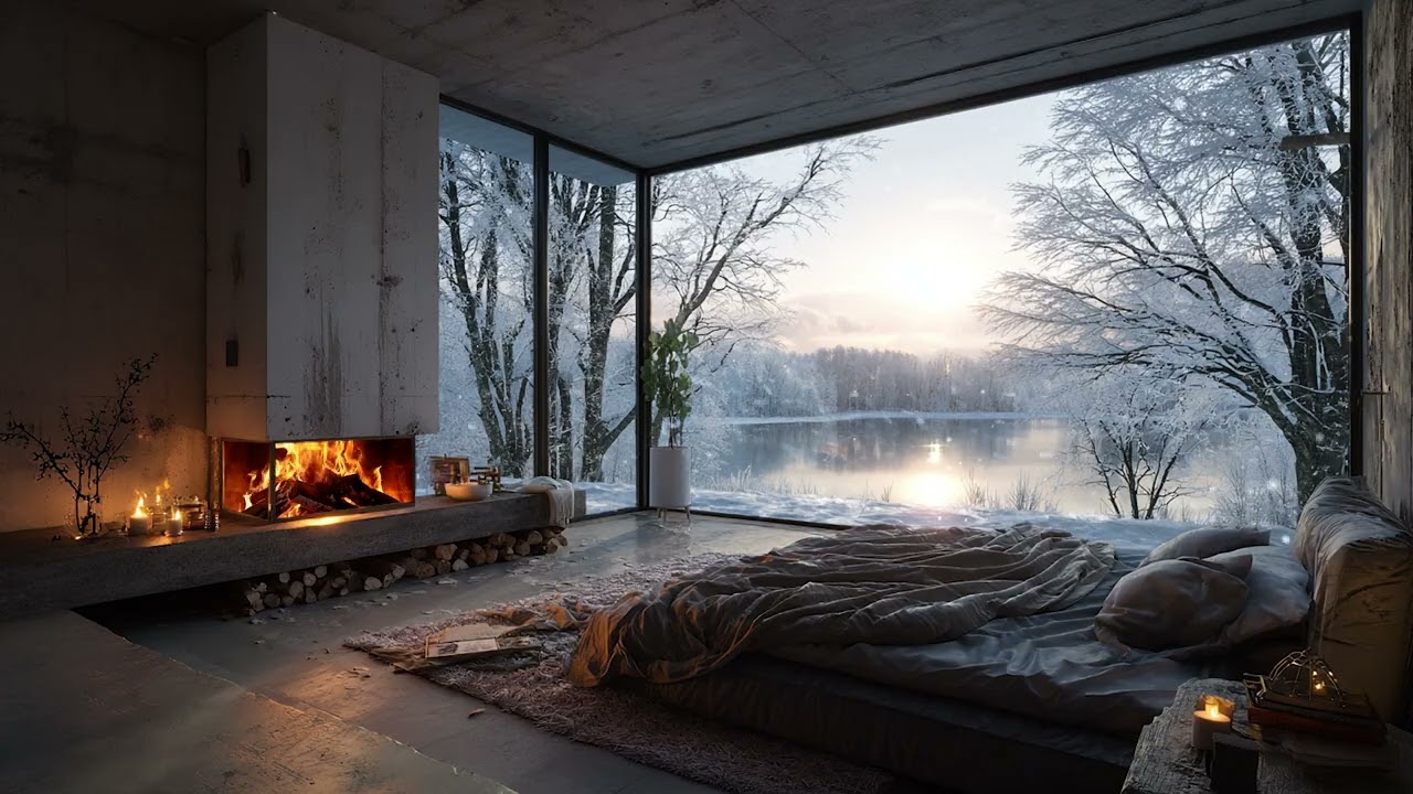 Winter Comfort Sounds: Snow Wind Outside and Cozy Fireplace Inside the Room