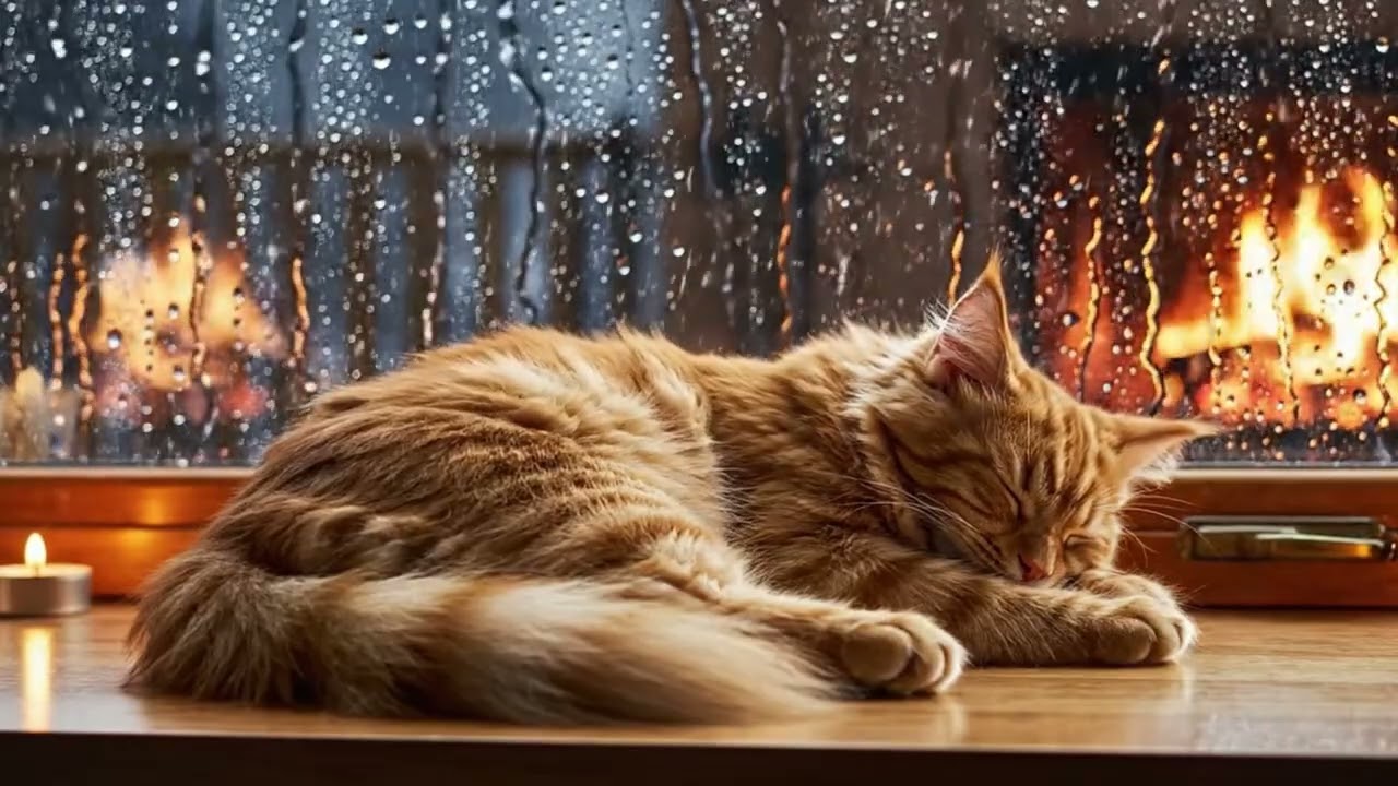 😺 Peaceful Fireplace Rain with a Purring Orange Cat