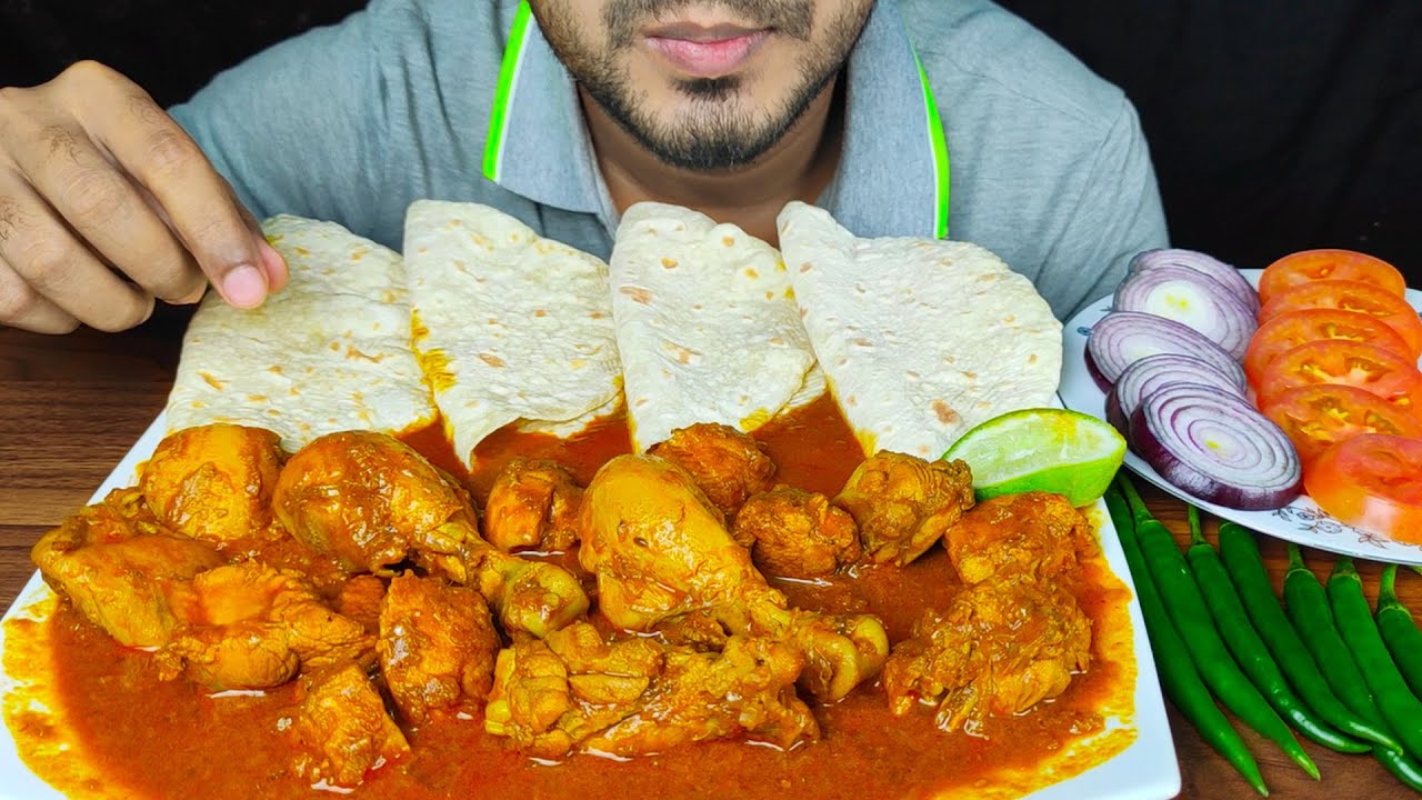 EATING ROTI WITH SPICY CHICKEN CURRY, CHILI, ONION, TOMATO | MUKBANG EATING SHOW |REAL EATING SOUND