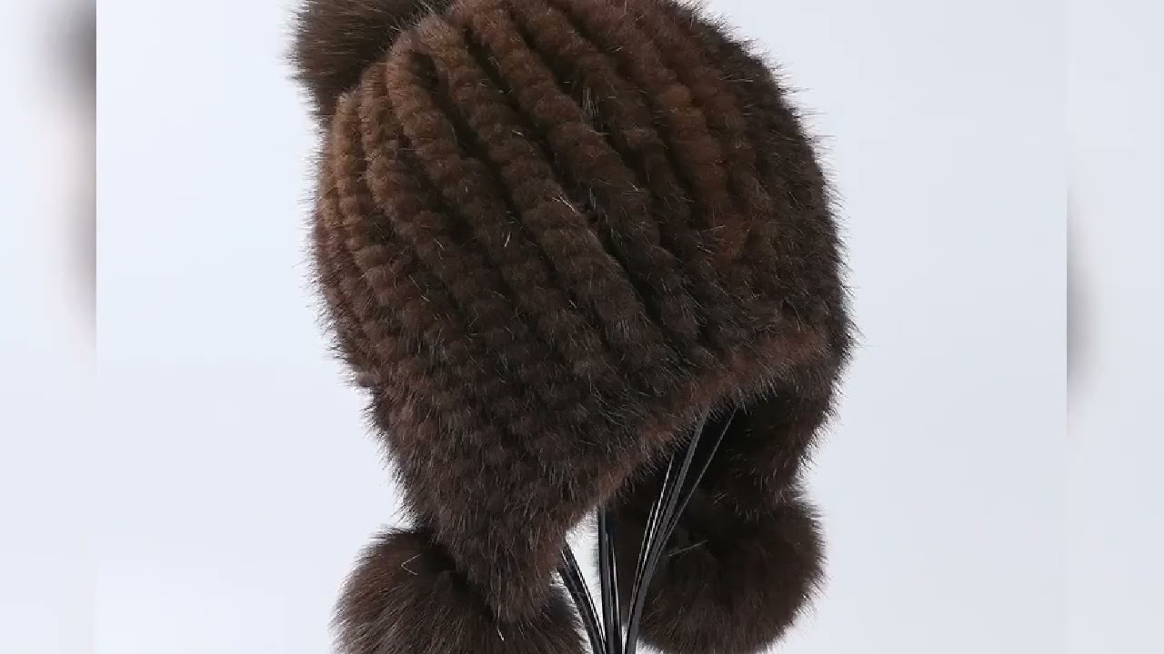Women's Winter Trapper Hat Genuine Mink Fur Knitted Beanie Hat With Earflaps Fox Fur Pom Pom Warm So
