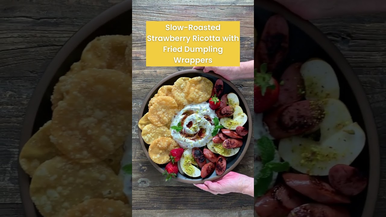 Slow-Roasted Strawberry Ricotta with Fried Dumpling Wrappers. Complete recipe at thesaltedpotato.com