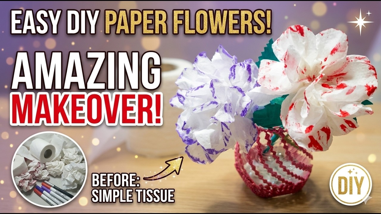 DIY Tissue Paper Flowers: Easy Purple & Red Blooms in Beaded Vase | Quick Home Decor Craft Tutorial