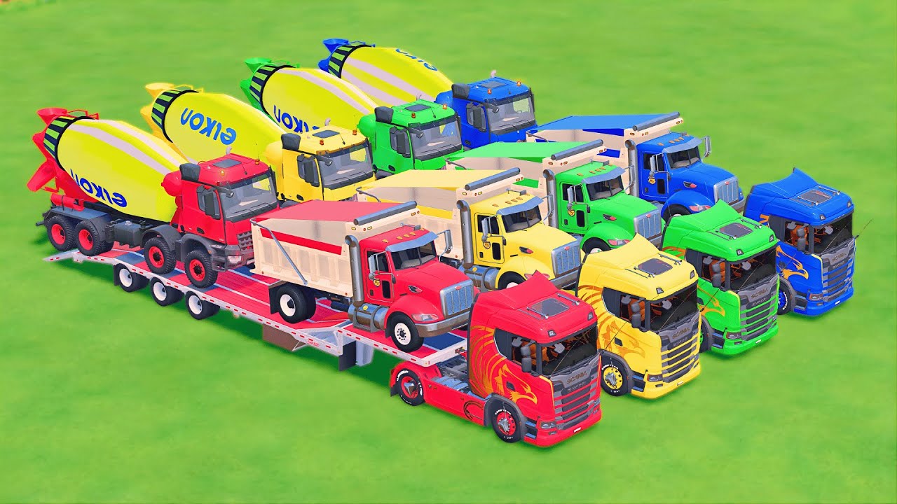 TRANSPORTING MIXER TRUCK, PETERBILT, SCANIA, COLORFUL CARS WITH TRUCK - FS22