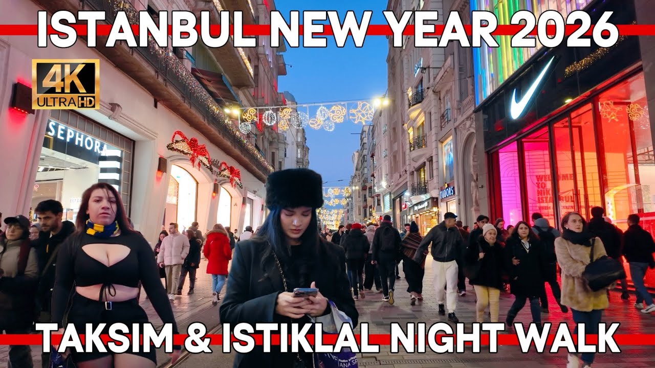 Стамбул, Новый год 2026, ночная прогулка в 4K | Площадь Таксим и улица Истикляль