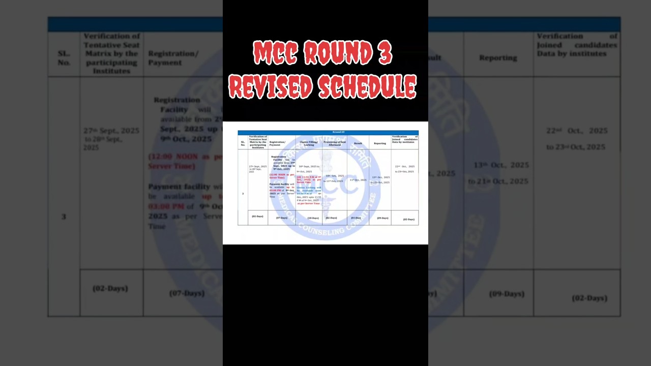 MCC ROUND 3 REVISED SCHEDULE RELEASED !MCC latest schedule!mcc latest counselling updates #mbbs #mcc