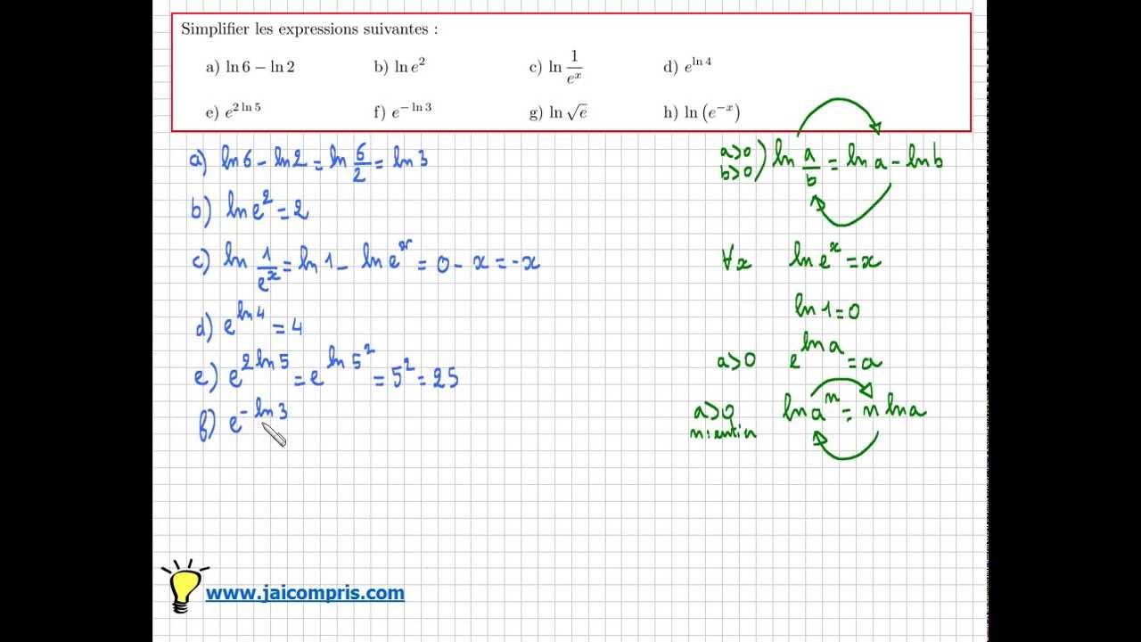 Fonction logarithme népérien : simplifier logarithme exponentielles - exercice facile