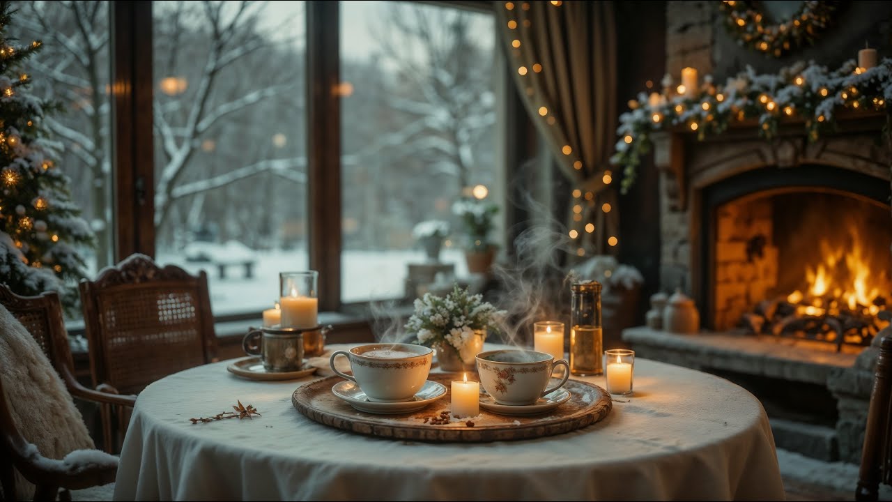 Winter Evening Tea Ritual | Fireplace Crackles and Peaceful Snowfall