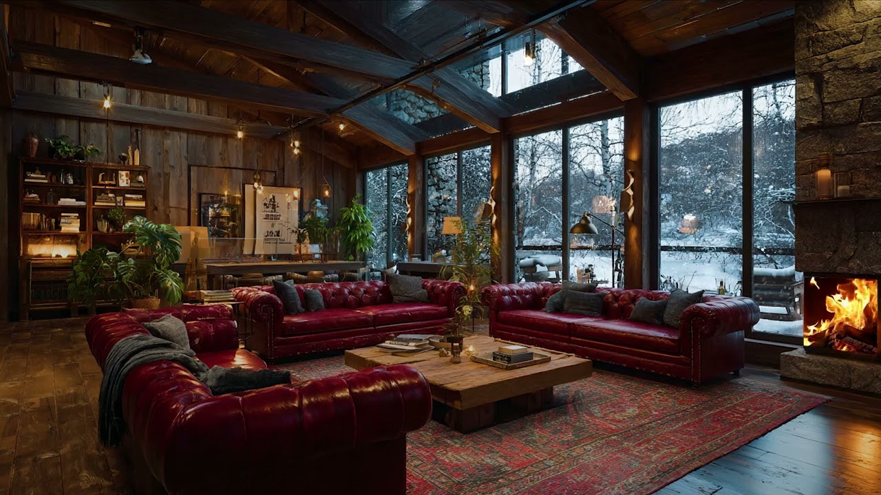 Soul-Warming Winter Room Sounds with Snow Wind Outside and Soft Fireplace Crackling Inside