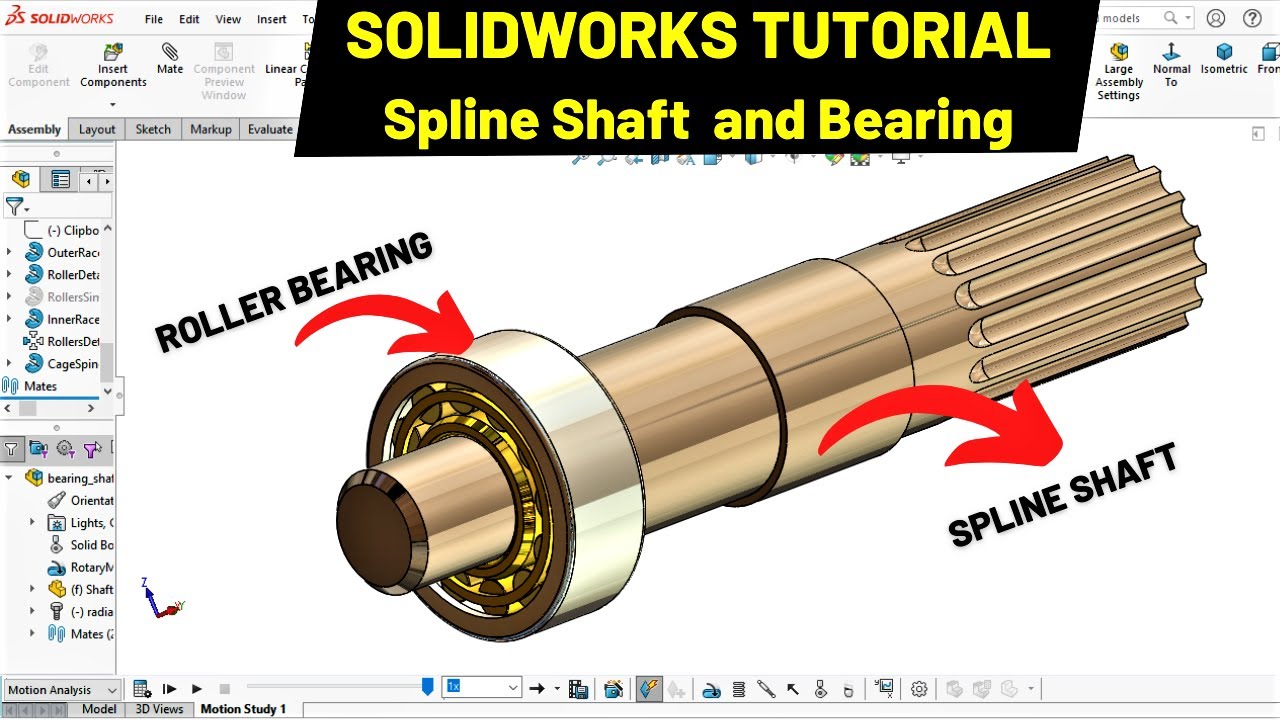 3D CAD of Spline Shaft and Roller Bearing in solidworks