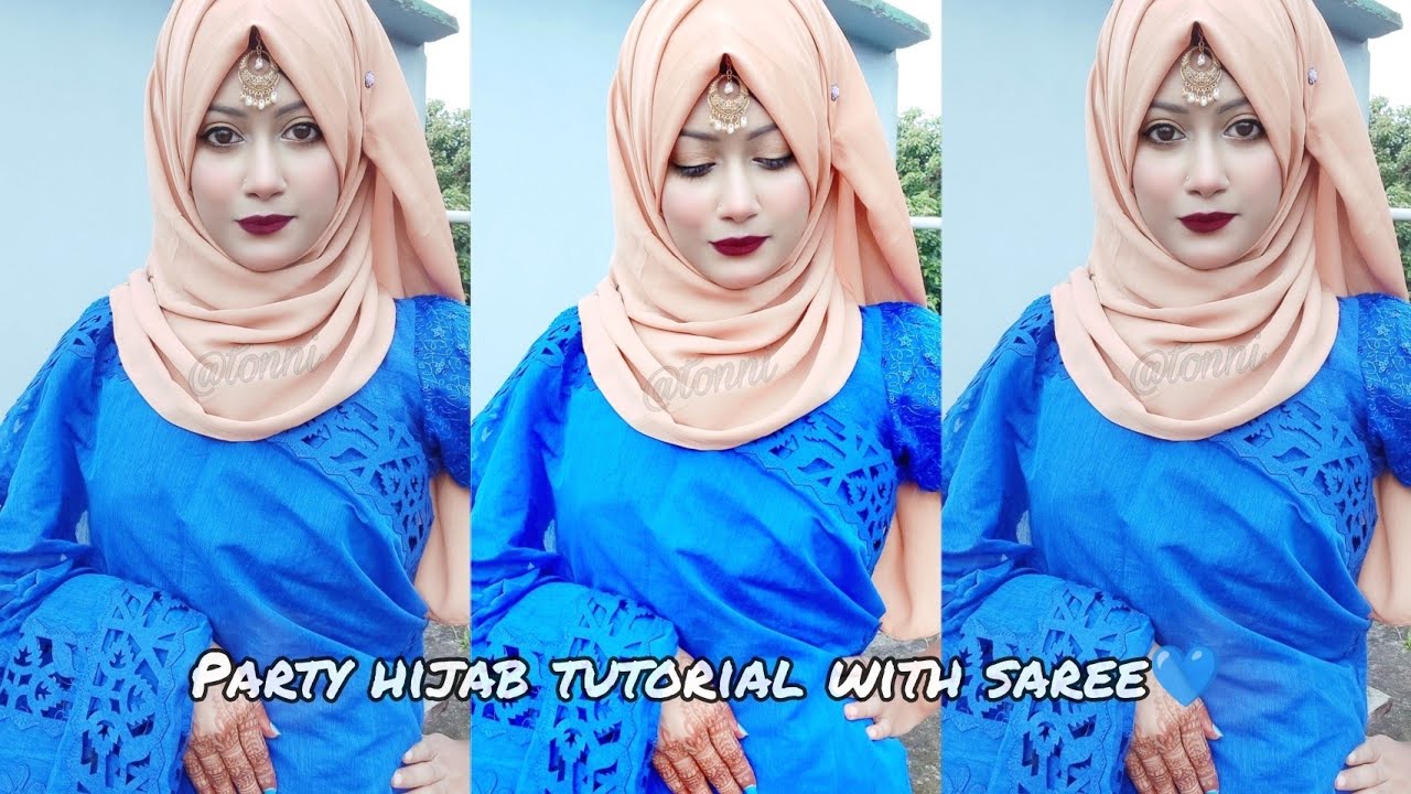 Simple party hijab tutorial with saree||wedding guest hijab tutorial with saree||Tonni💙