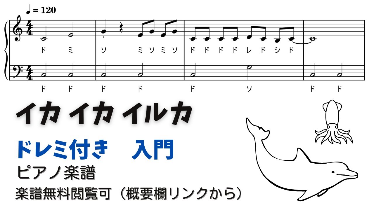 【ピアノ入門】イカイカイルカ  Level.1 【ドレミ付き無料楽譜】