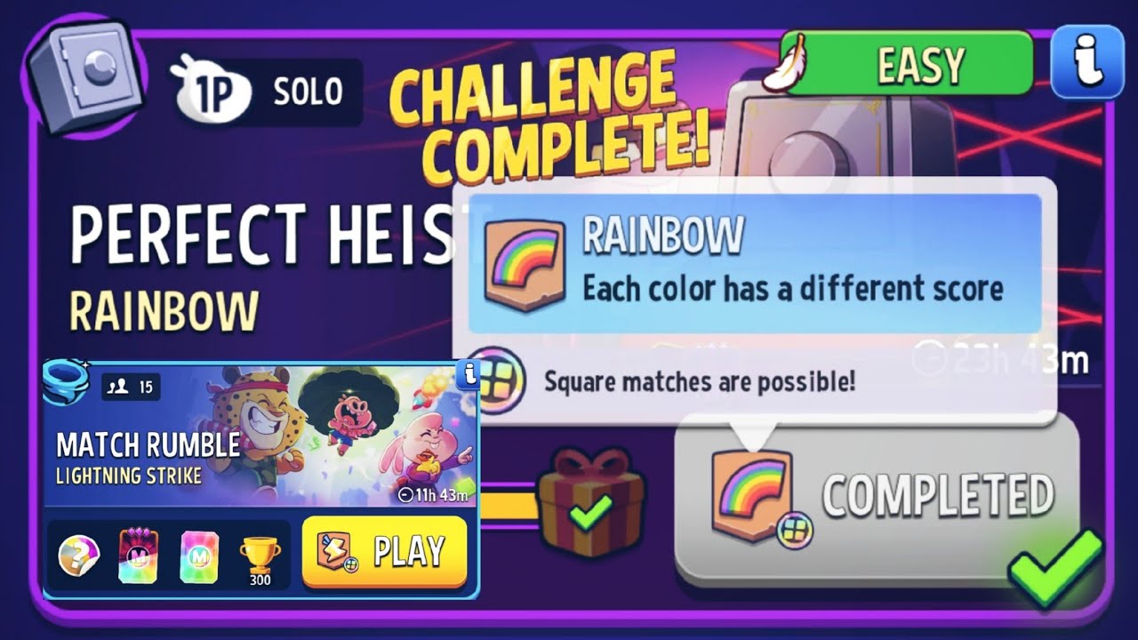 rainbow square matches perfect heist solo challenge & lighting strike square matches gameplay.