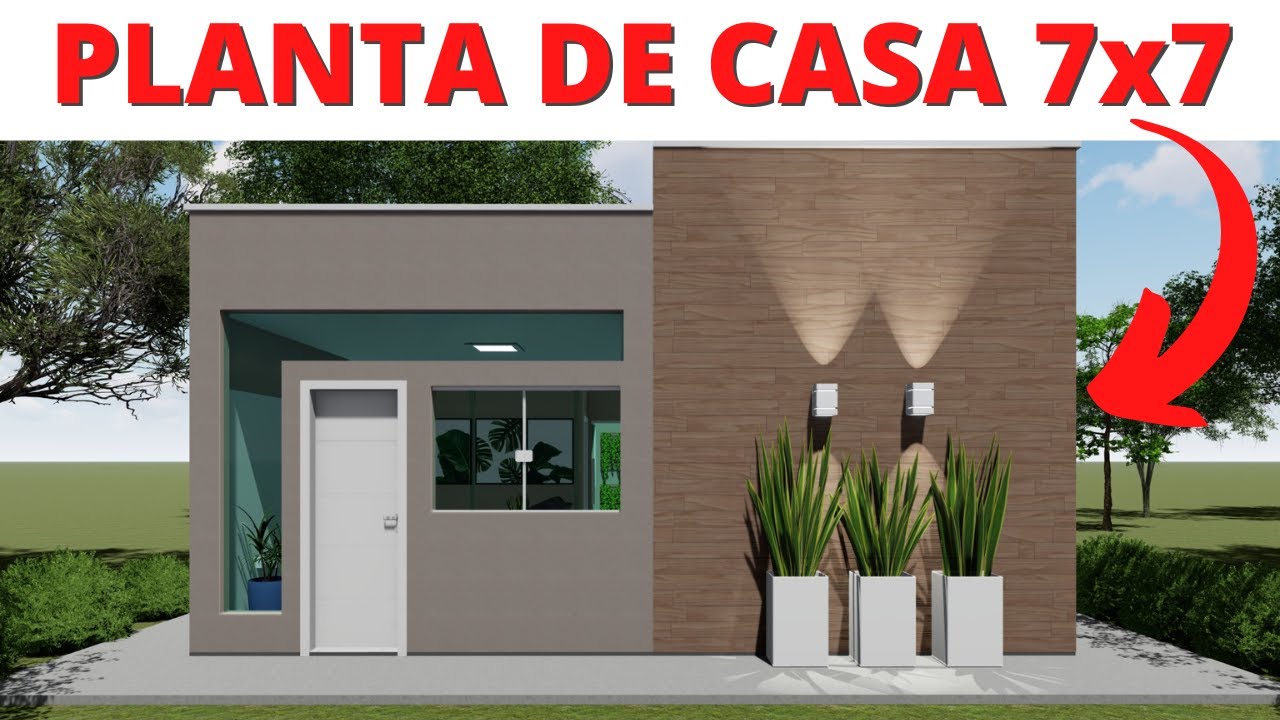 PLANTA DE CASA PEQUENA COM 02 QUARTOS | 7x7 METROS | FACHADA MODERNA