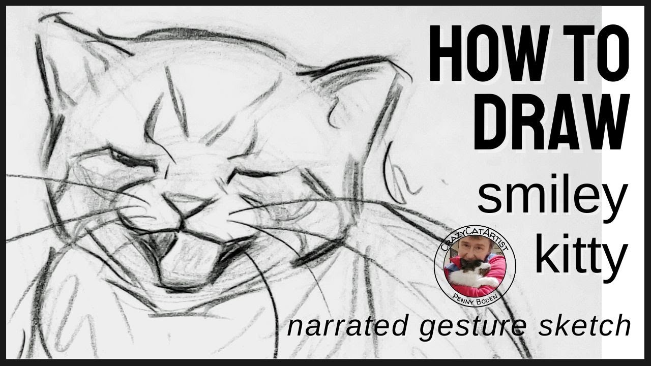How to Draw Kitten Smile, Wink, Laugh, front face forward, partial side view, full body with paws