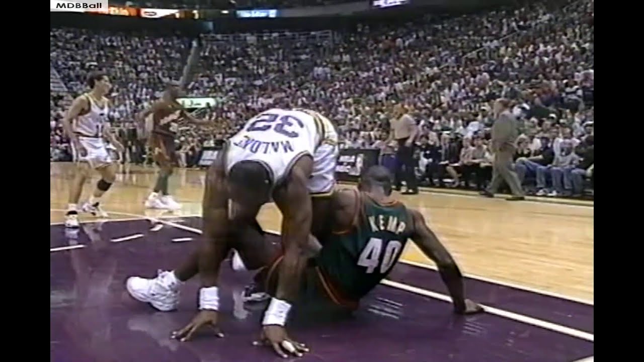 Karl Malone & Stockton Battle Shawn Kemp Kemp & Payton In Utah - 1996 WCF Gm 6