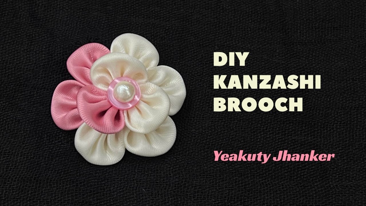 How to Make a Kanzashi Flower Brooch with Off-White & Pink Satin Ribbon. Easy handmade accessories.