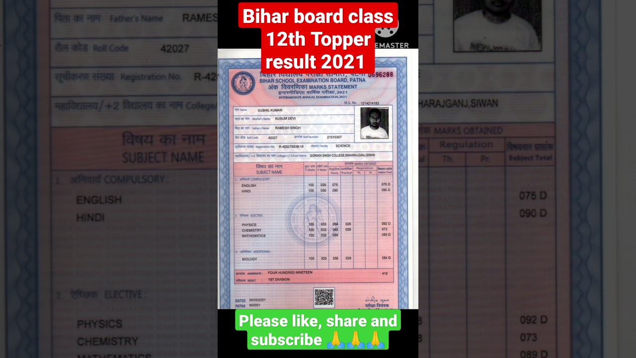 Bihar board class 12th result 2021