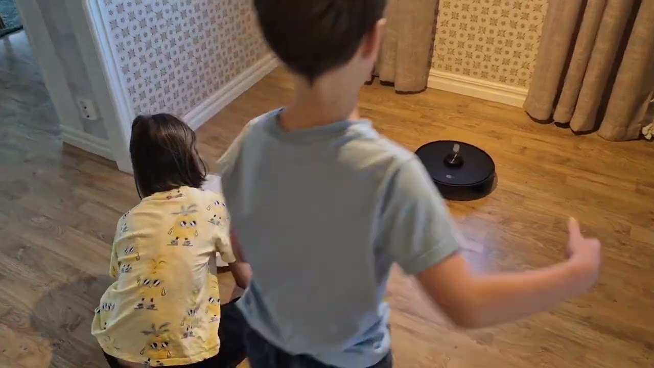 Two robot vacuum cleaners clean up after a chips accident.