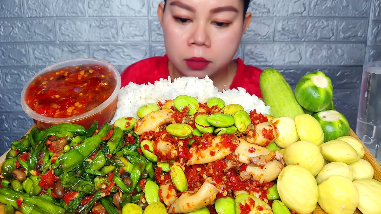 Nikmat⁉️Cumi asin sambal pete, tumis genjer tauco,jengkol muda, lalapan sambal pedas Mukbang