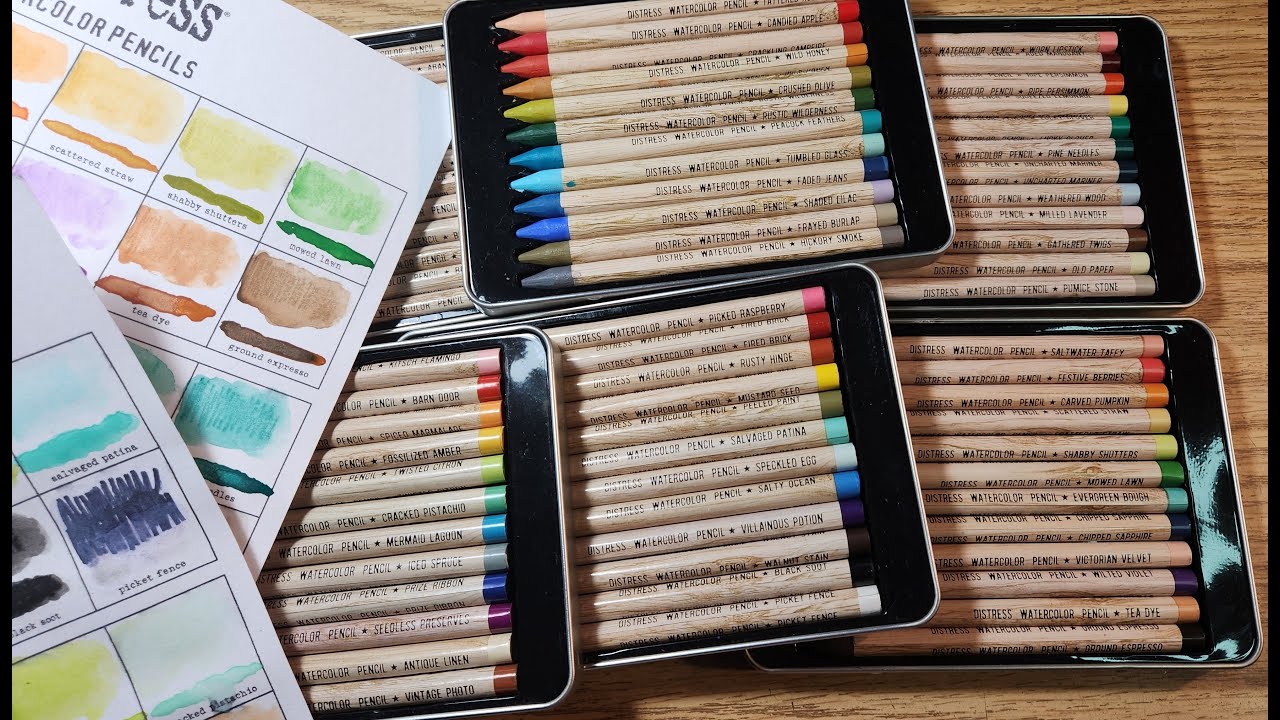 Distress Watercolor Pencils, all 6 sets, swatched by set, chatty session