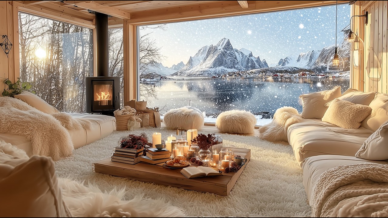 Winter Piano by the Lake | Warm Snowy Cabin ❄️ Soft Piano & Fireplace